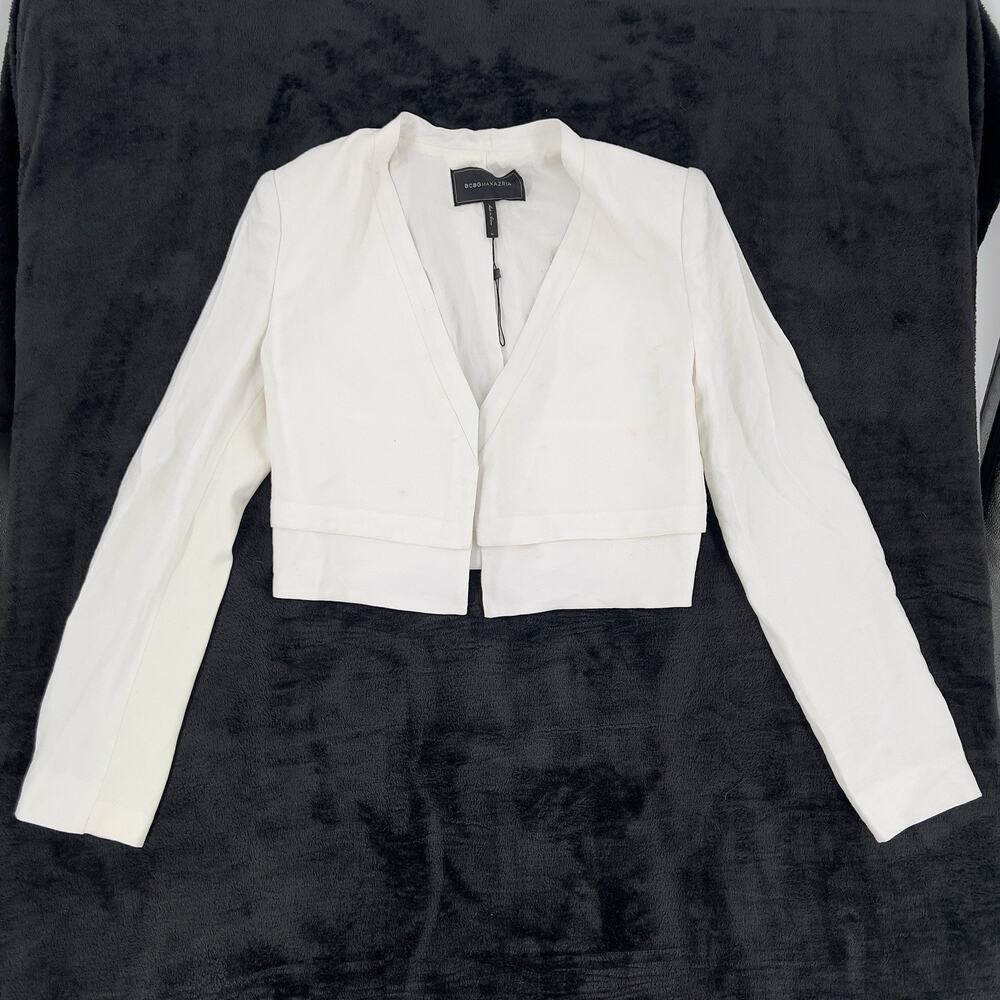 BCBGMaxazria Womens Off White Long Sleeve Casual Open Front Blazer Size M